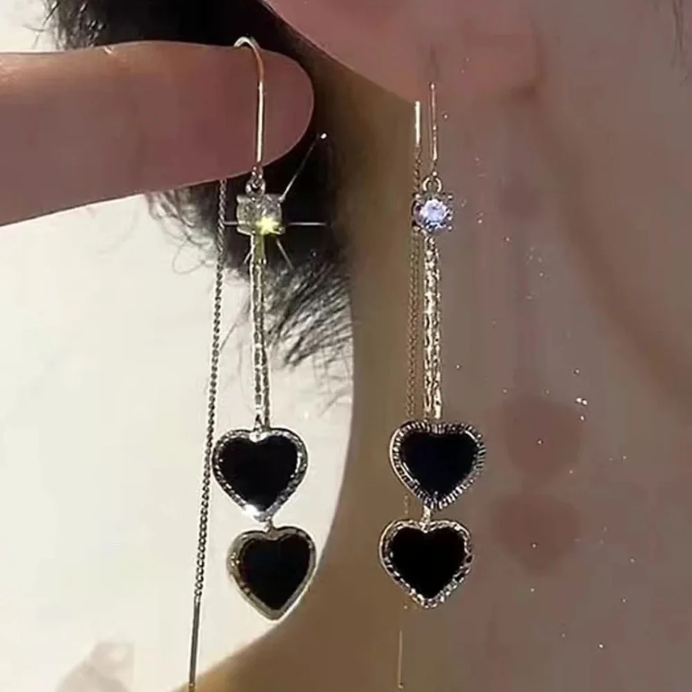 Gold Tone Rhinestone Heart Vday Valentine's Threader Earrings - Picture 1 of 6